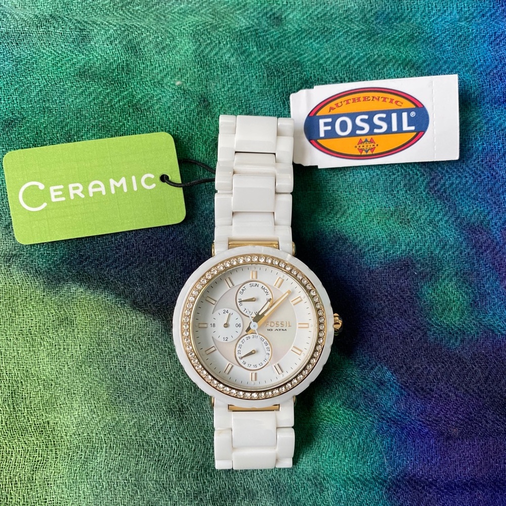 White Ceramic Fossil Watch w/Gold & Crystal Detail